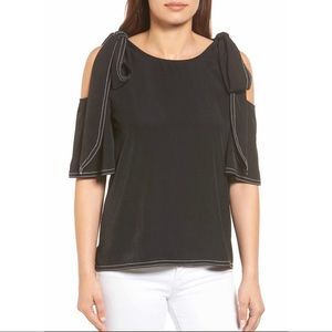 Halogen Cold Shoulder Tie Top Ribbon Black XS Bow Blouse Relaxed Fit